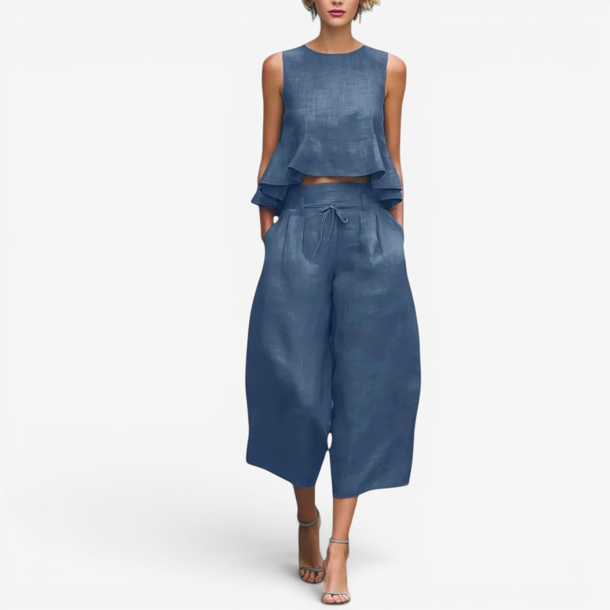 Nilyana | Conjunto De Top Sin Mangas Con Volantes Y Pantalones De Pierna Ancha