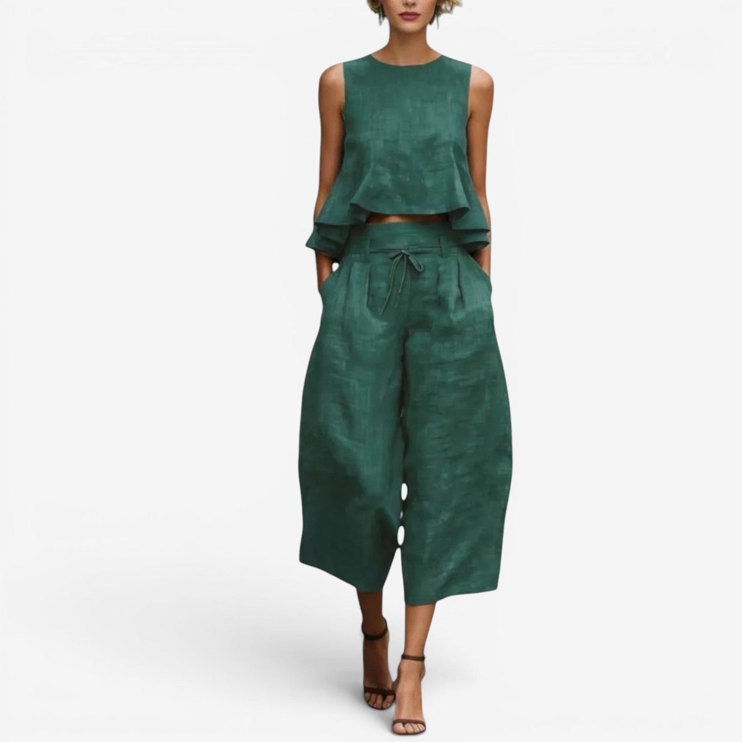 Nilyana | Conjunto De Top Sin Mangas Con Volantes Y Pantalones De Pierna Ancha