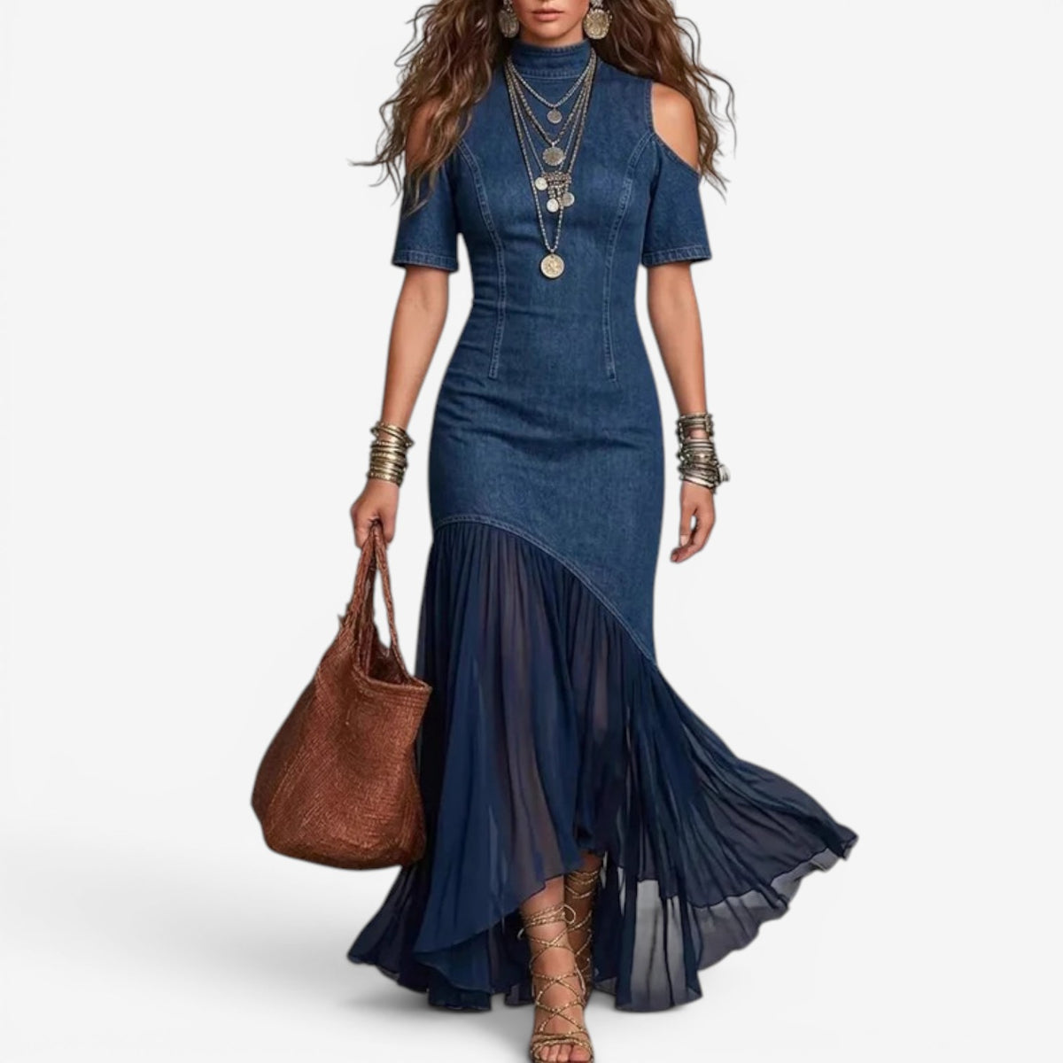 Lyttia | Vestido largo de Estilo Vaquero con Hombros al Aire