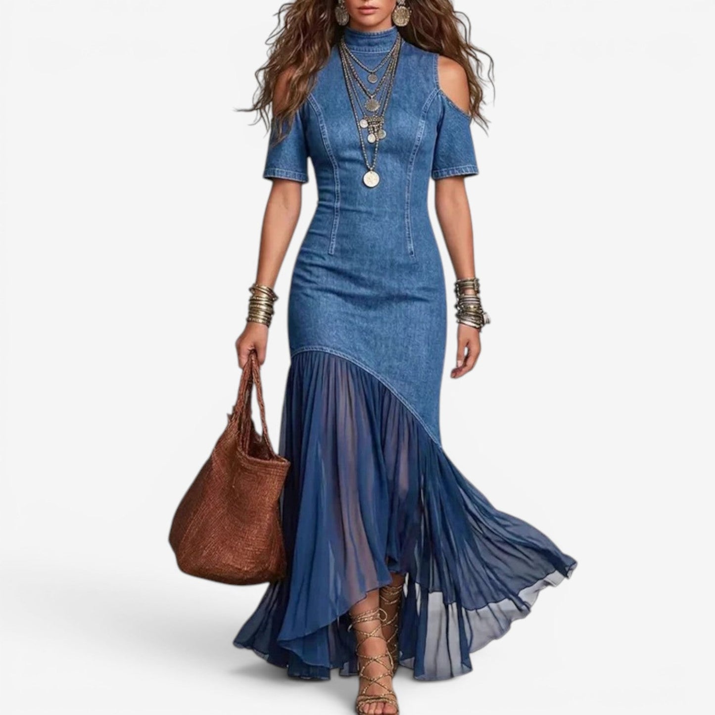 Lyttia | Vestido largo de Estilo Vaquero con Hombros al Aire