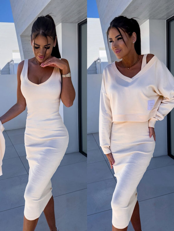 Latasha | Conjunto de Vestido midi de Manga Larga con Cuello en V