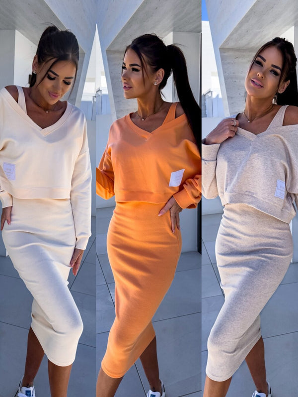 Latasha | Conjunto de Vestido midi de Manga Larga con Cuello en V