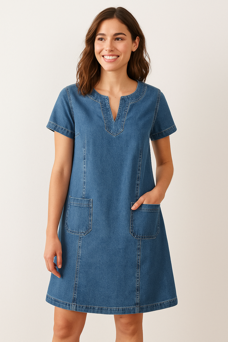 Polixeni | Vestido Denim Cuello V Bolsillos