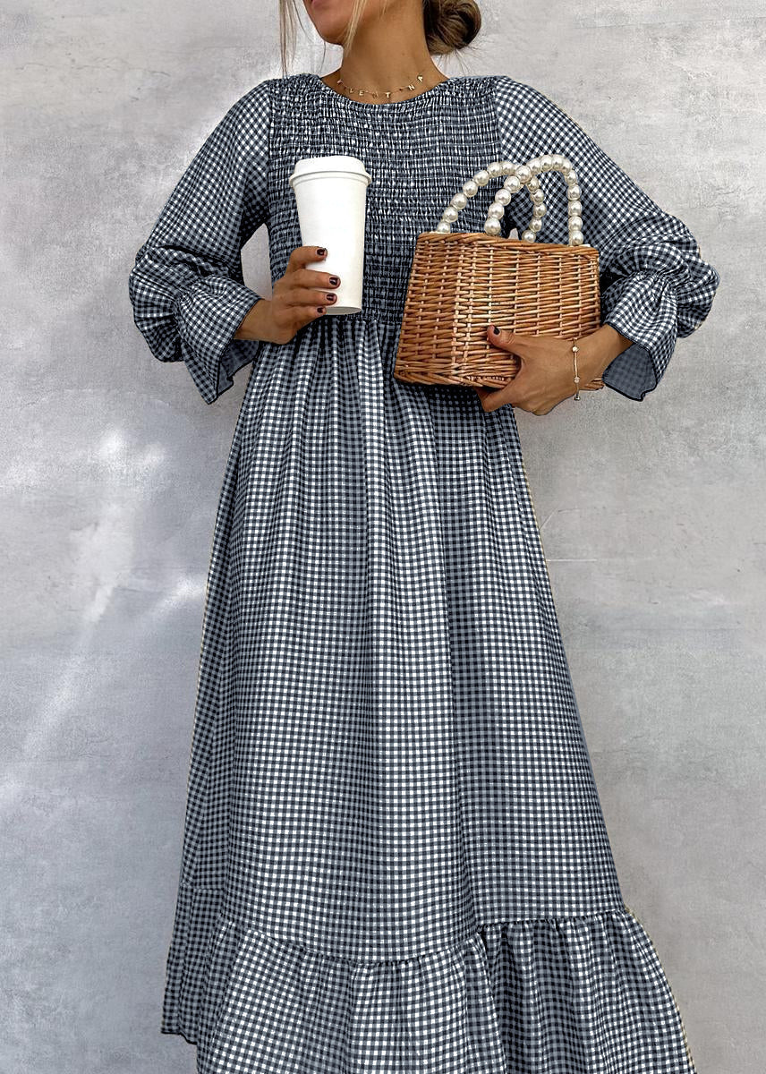 Helenee | Vestido Maxi a Cuadros Con Cuello Redondo