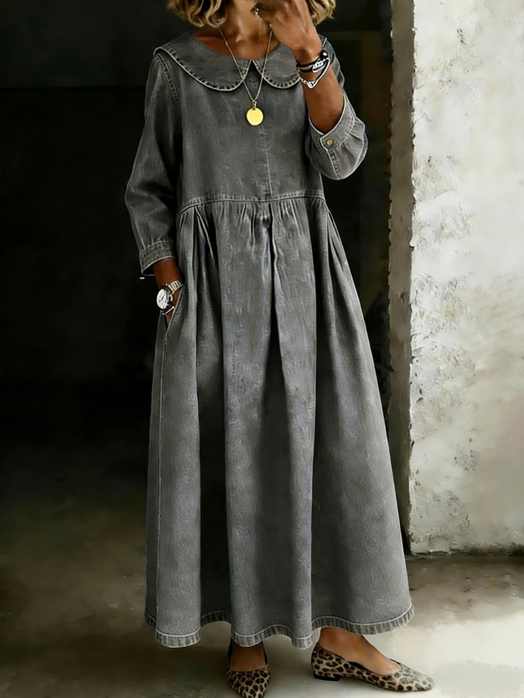 Dasol | Vestido de Manga Larga Con Cuello Vaquero