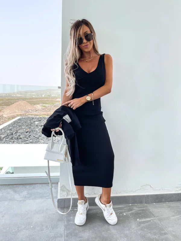 Latasha | Conjunto de Vestido midi de Manga Larga con Cuello en V