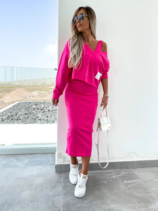 Latasha | Conjunto de Vestido midi de Manga Larga con Cuello en V
