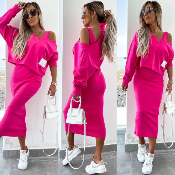 Latasha | Conjunto de Vestido midi de Manga Larga con Cuello en V
