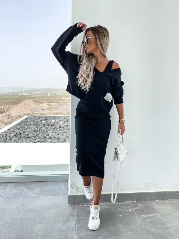 Latasha | Conjunto de Vestido midi de Manga Larga con Cuello en V