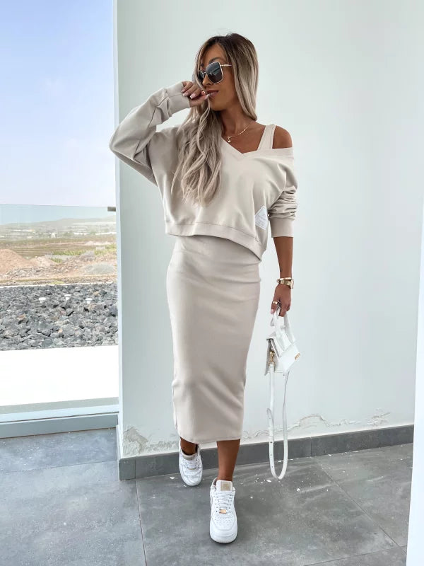 Latasha | Conjunto de Vestido midi de Manga Larga con Cuello en V