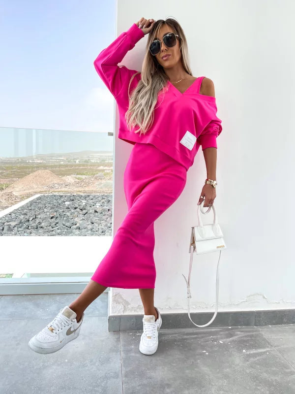 Latasha | Conjunto de Vestido midi de Manga Larga con Cuello en V