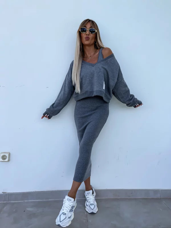 Latasha | Conjunto de Vestido midi de Manga Larga con Cuello en V