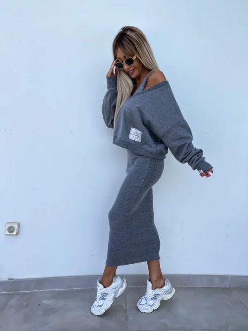 Latasha | Conjunto de Vestido midi de Manga Larga con Cuello en V