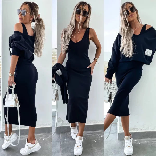 Latasha | Conjunto de Vestido midi de Manga Larga con Cuello en V