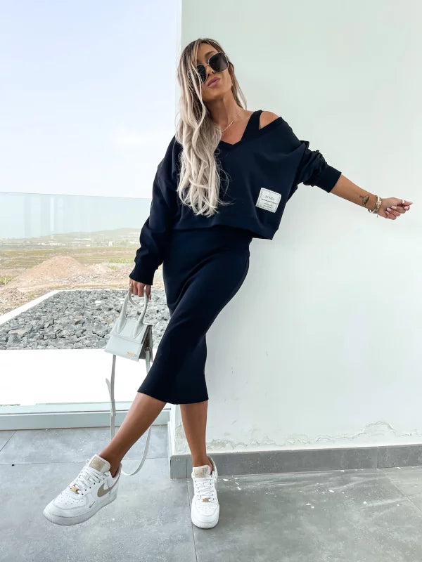 Latasha | Conjunto de Vestido midi de Manga Larga con Cuello en V