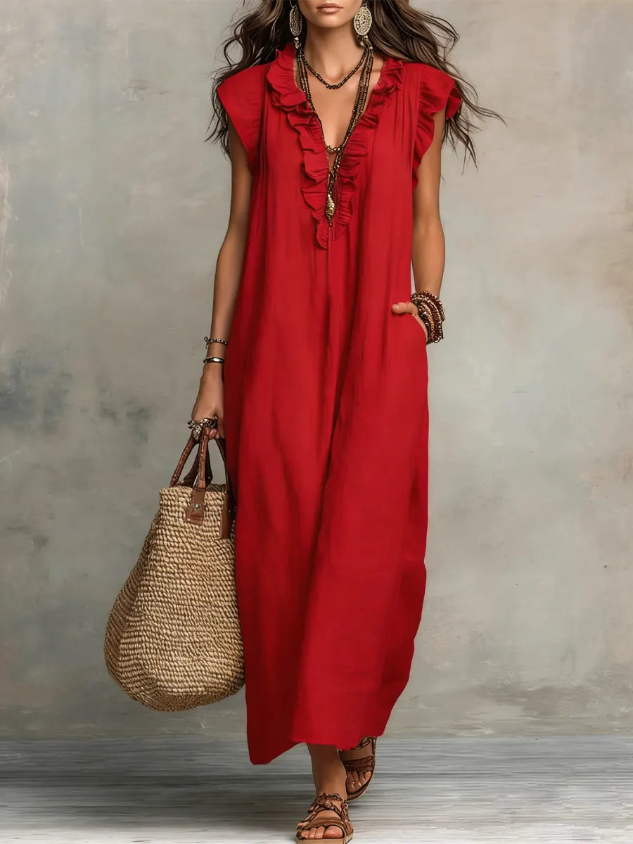 Uanavi - Vestido Largo Sin Mangas De Mezcla De Lino Con Cuello Con Volantes De Estilo Bohemio