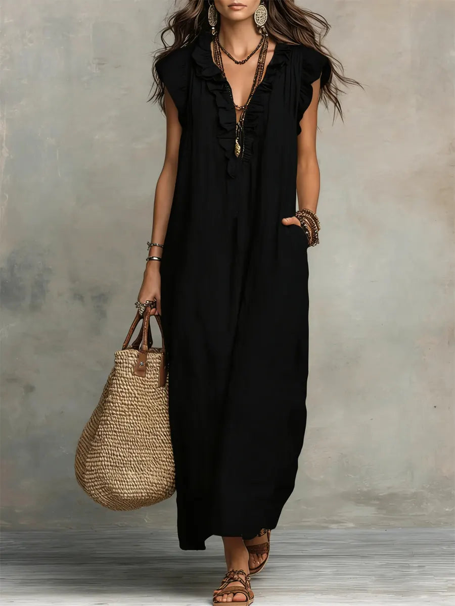 Uanavi - Vestido Largo Sin Mangas De Mezcla De Lino Con Cuello Con Volantes De Estilo Bohemio