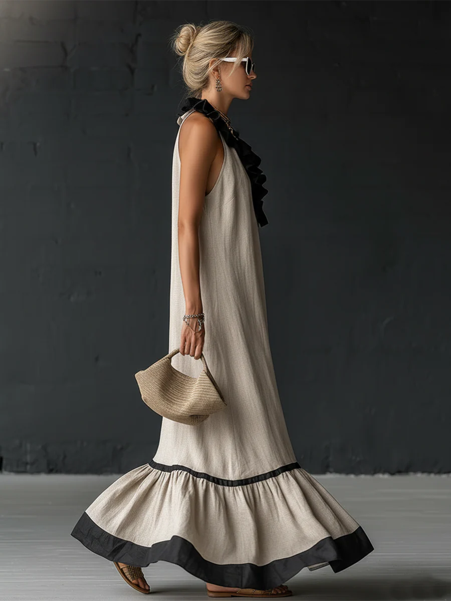 Natja | Vestido Largo Con Cuello De Volantes Y Bajo en Contraste