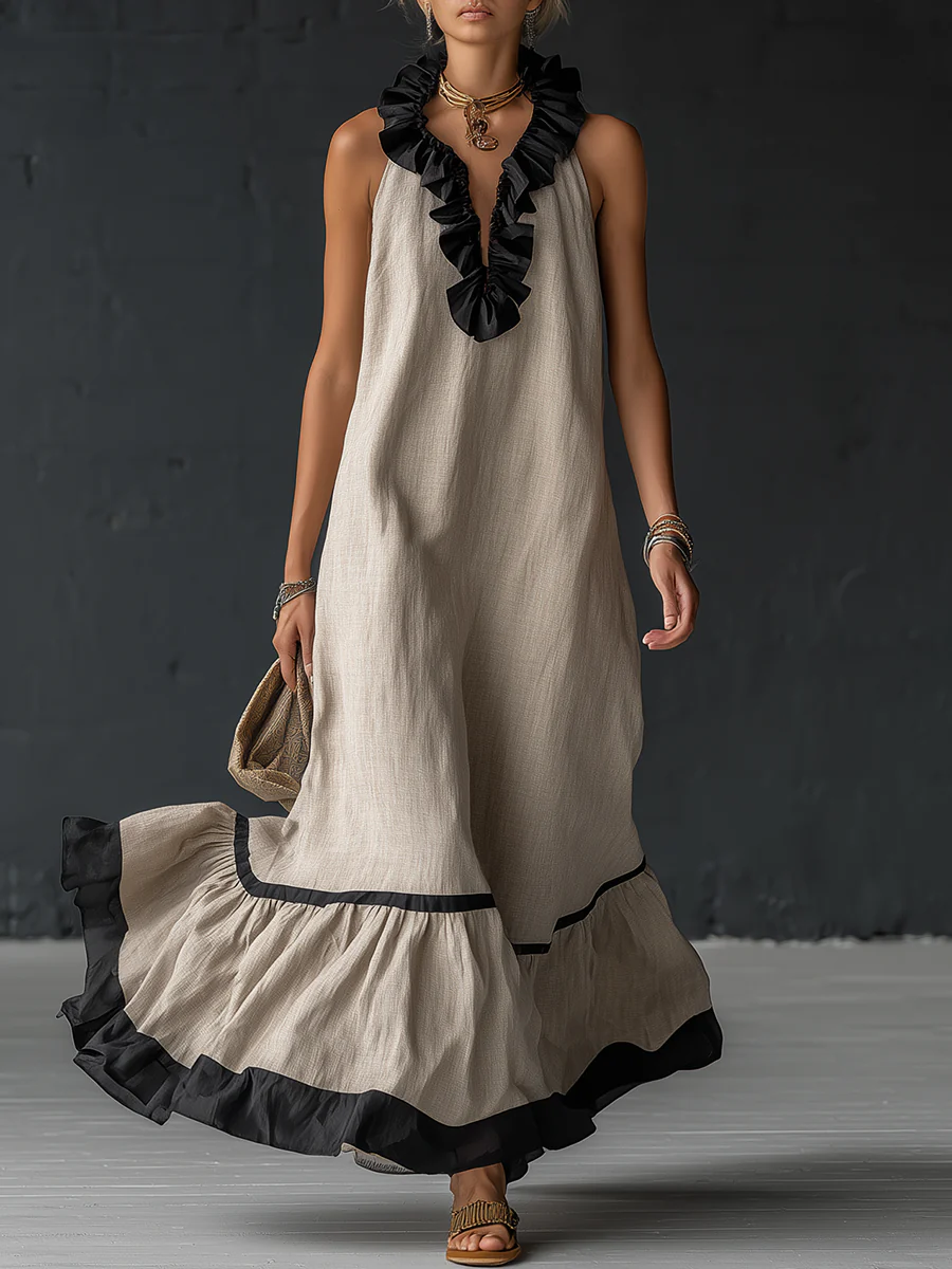 Natja | Vestido Largo Con Cuello De Volantes Y Bajo en Contraste