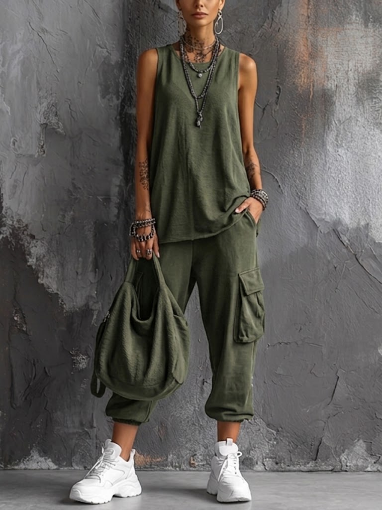Leina | Conjunto De Dos Piezas: Camiseta Sin Mangas Y Pantalón Jogger Tipo Cargo