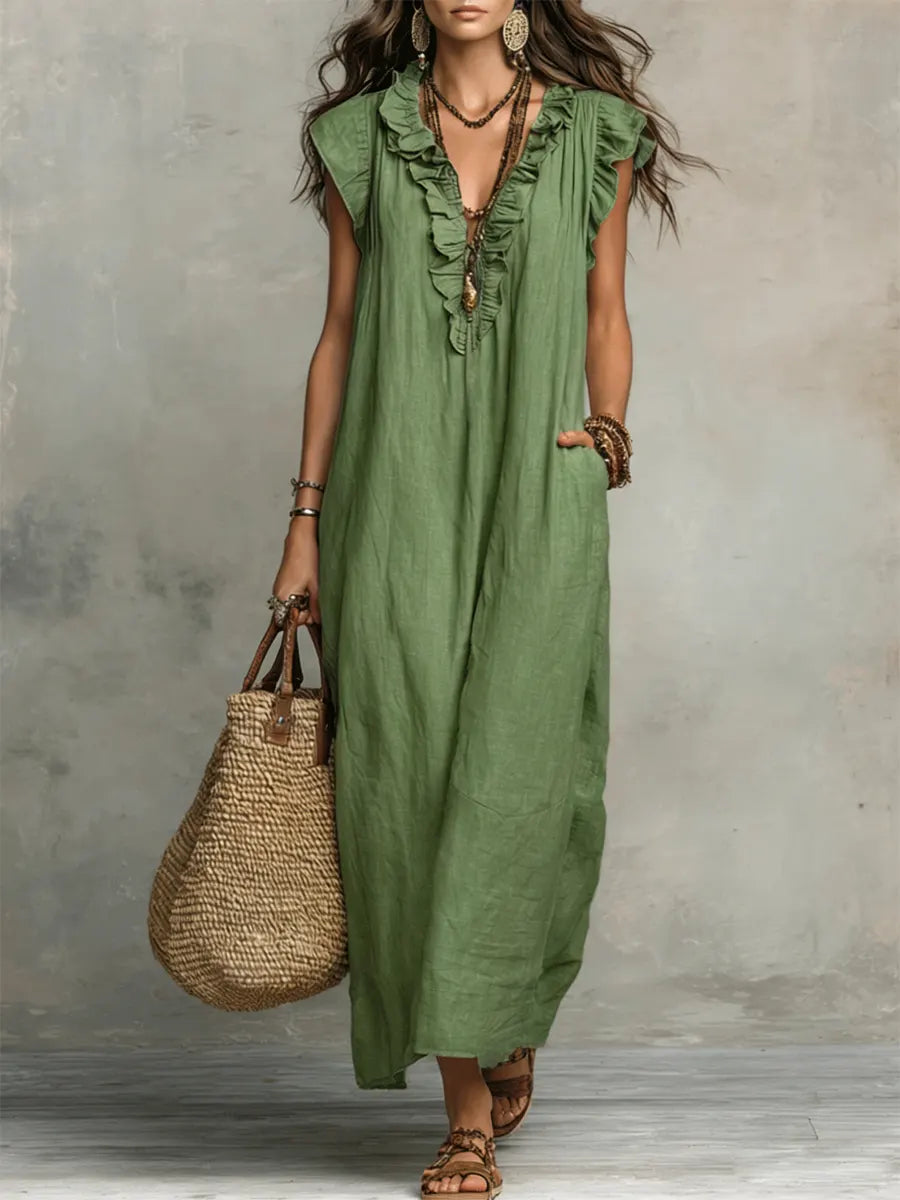 Uanavi - Vestido Largo Sin Mangas De Mezcla De Lino Con Cuello Con Volantes De Estilo Bohemio