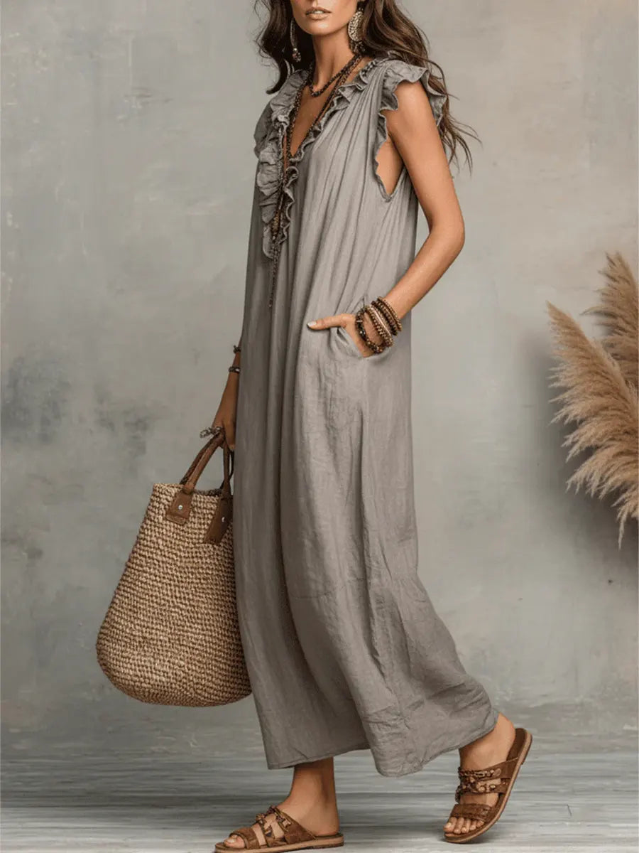Uanavi - Vestido Largo Sin Mangas De Mezcla De Lino Con Cuello Con Volantes De Estilo Bohemio