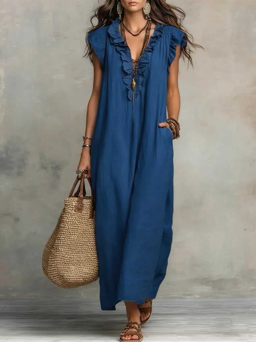 Uanavi - Vestido Largo Sin Mangas De Mezcla De Lino Con Cuello Con Volantes De Estilo Bohemio