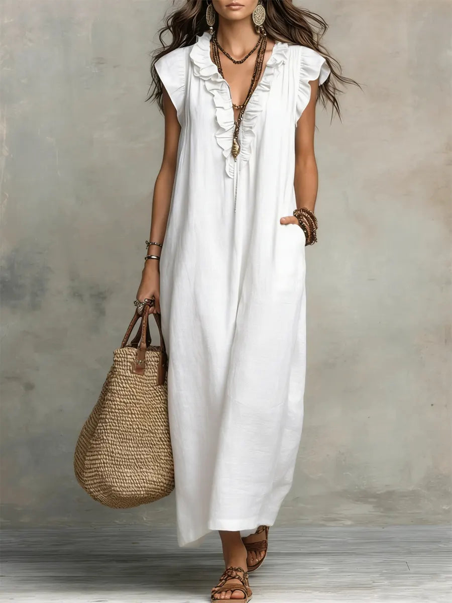 Uanavi - Vestido Largo Sin Mangas De Mezcla De Lino Con Cuello Con Volantes De Estilo Bohemio