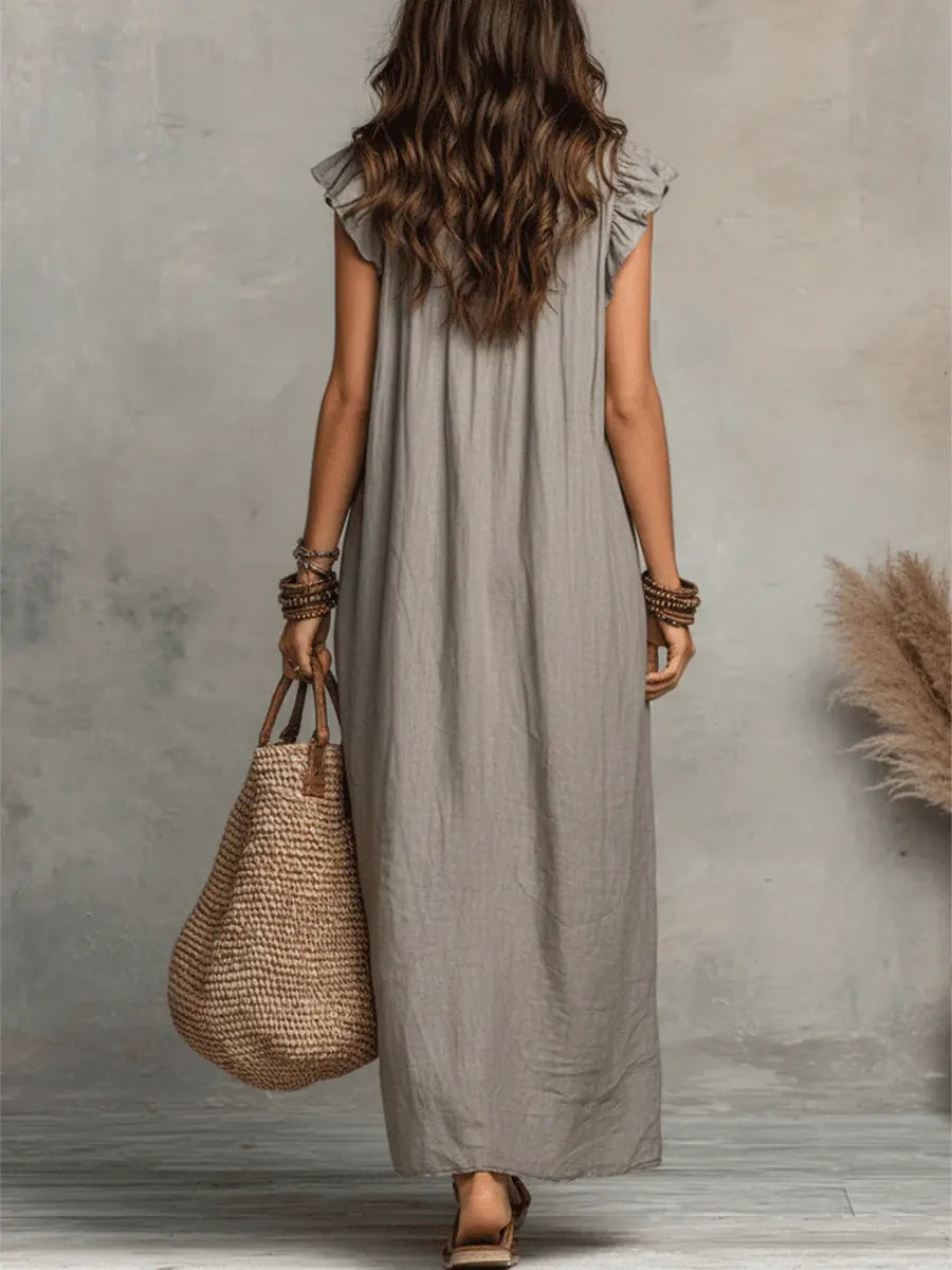 Uanavi - Vestido Largo Sin Mangas De Mezcla De Lino Con Cuello Con Volantes De Estilo Bohemio