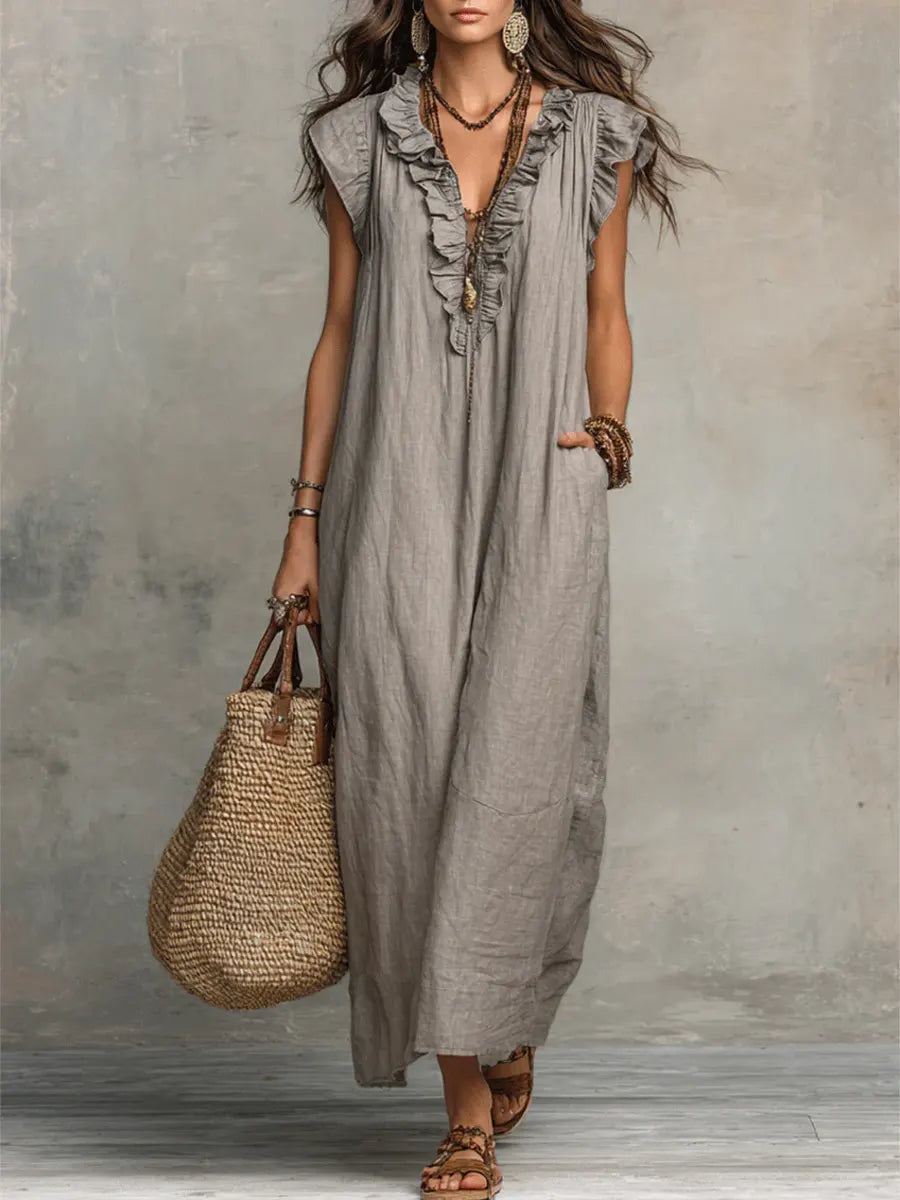 Uanavi - Vestido Largo Sin Mangas De Mezcla De Lino Con Cuello Con Volantes De Estilo Bohemio