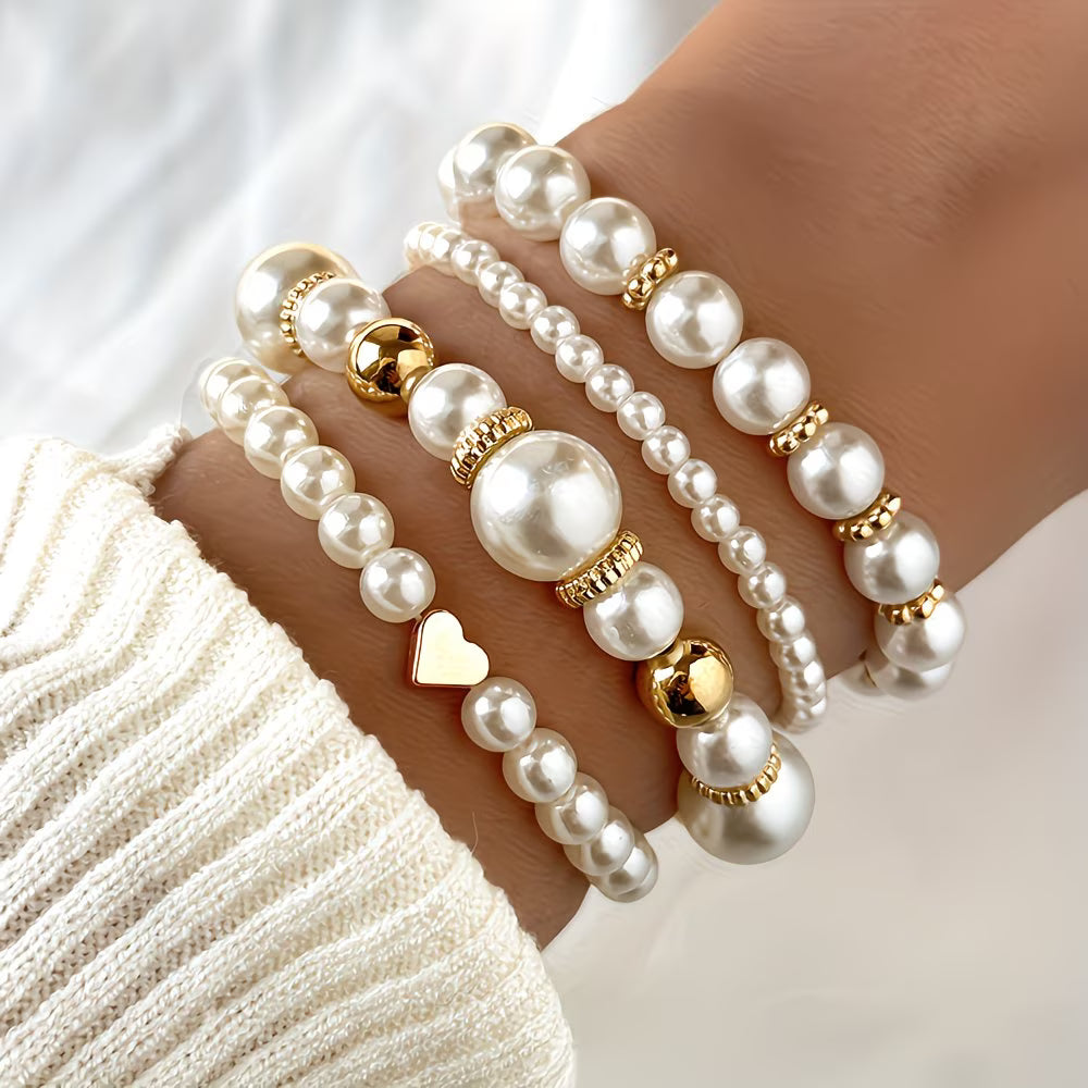 Adelen | Conjunto De Pulseras en Capas Con Cuentas De Perlas, Color Dorado