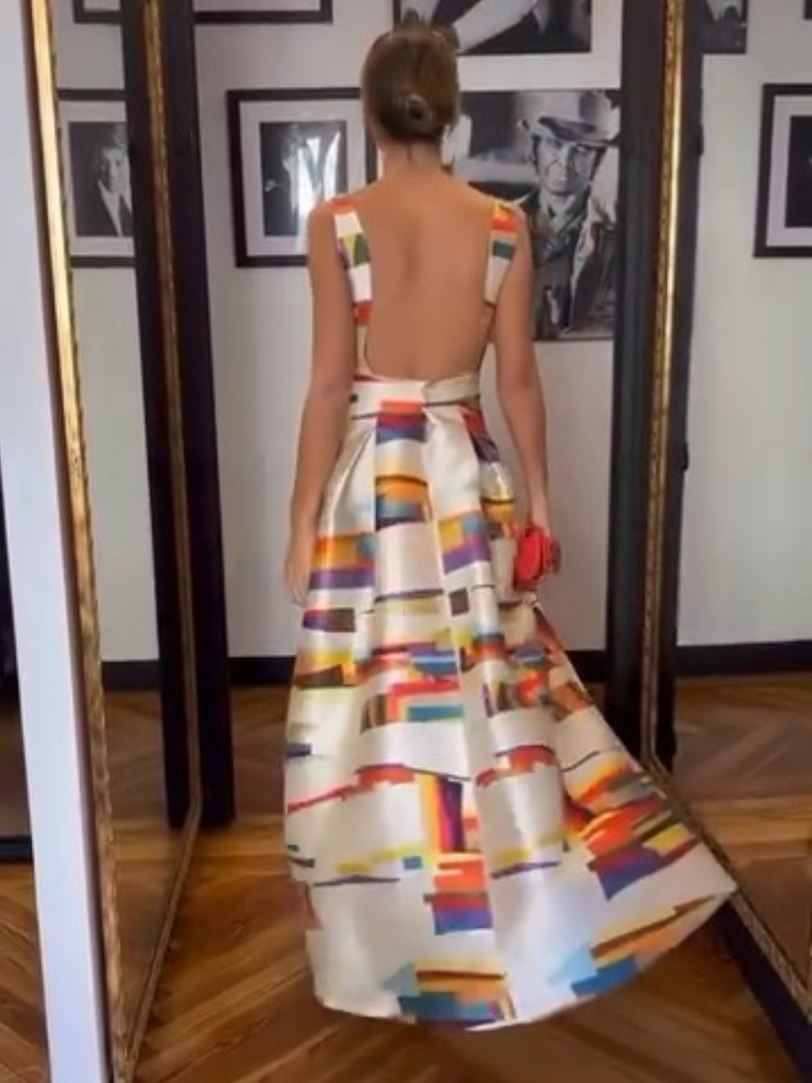Vivien | Vestido Maxi con Estampado Geométrico Espalda Abierta