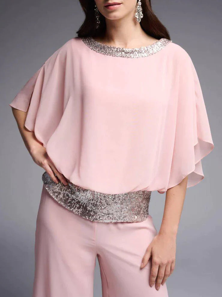Grezzja | Conjunto Rosa Con Lentejuelas Y Pantalón
