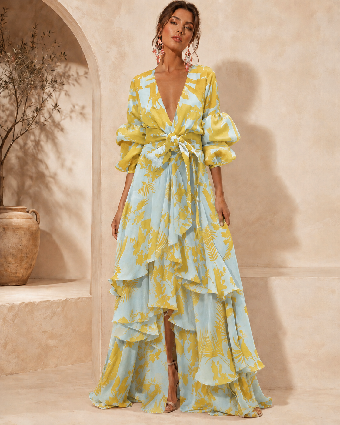 Liaya | Vestido Maxi Estampado Floral Escote Pronunciado Volantes