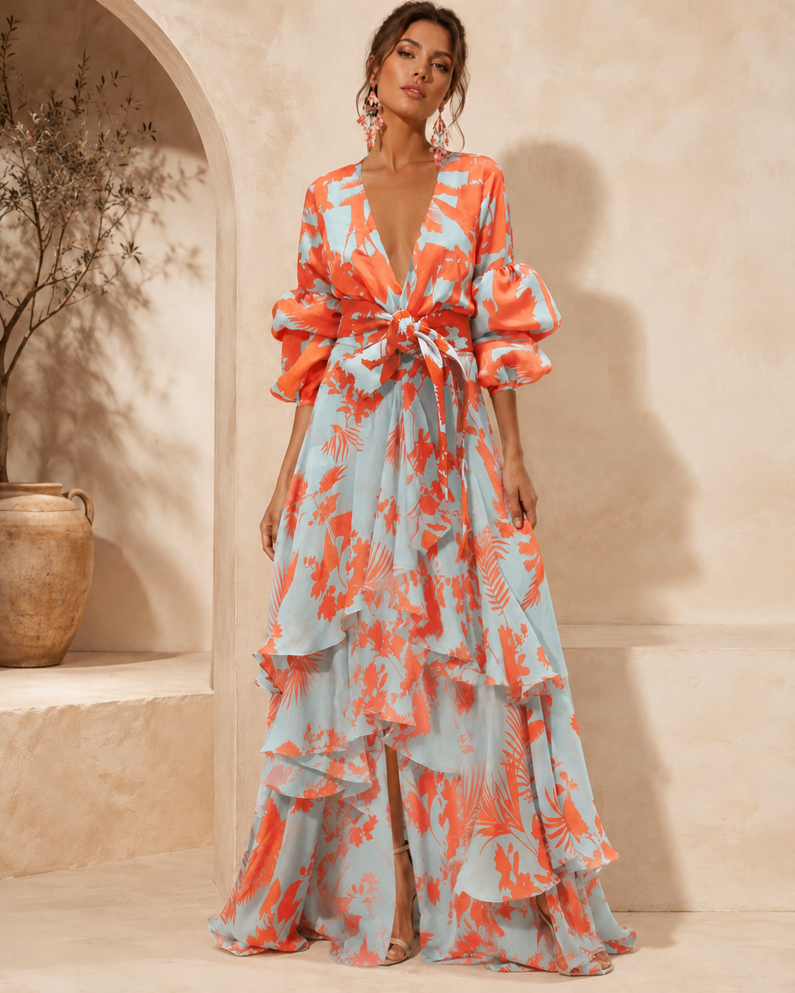 Liaya | Vestido Maxi Estampado Floral Escote Pronunciado Volantes