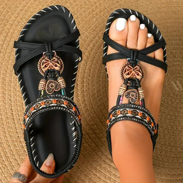 Camila | Sandalias Planas Con Tiras Elásticas Y Abalorios De Estilo Bohemio