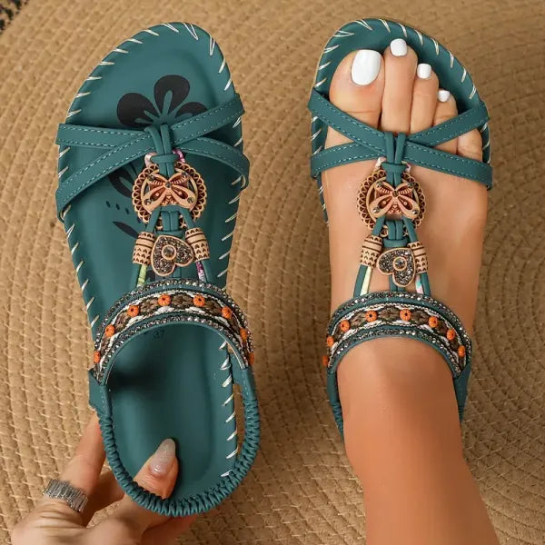 Camila | Sandalias Planas Con Tiras Elásticas Y Abalorios De Estilo Bohemio