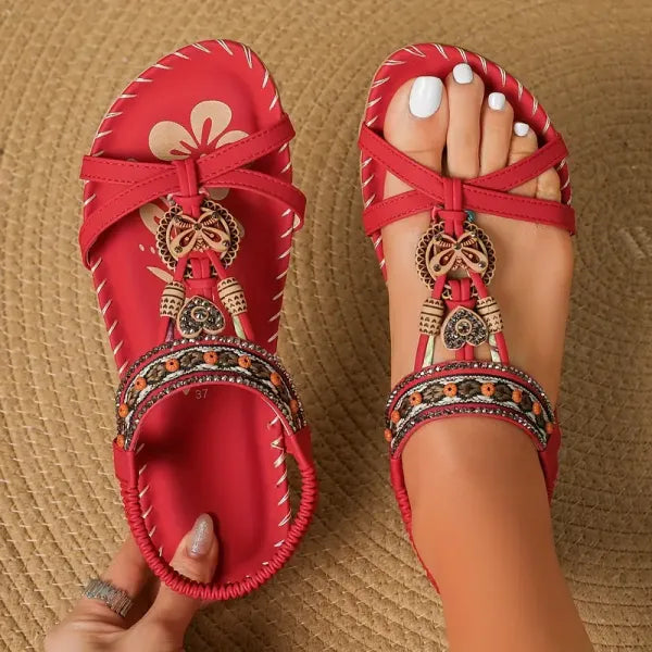 Camila | Sandalias Planas Con Tiras Elásticas Y Abalorios De Estilo Bohemio