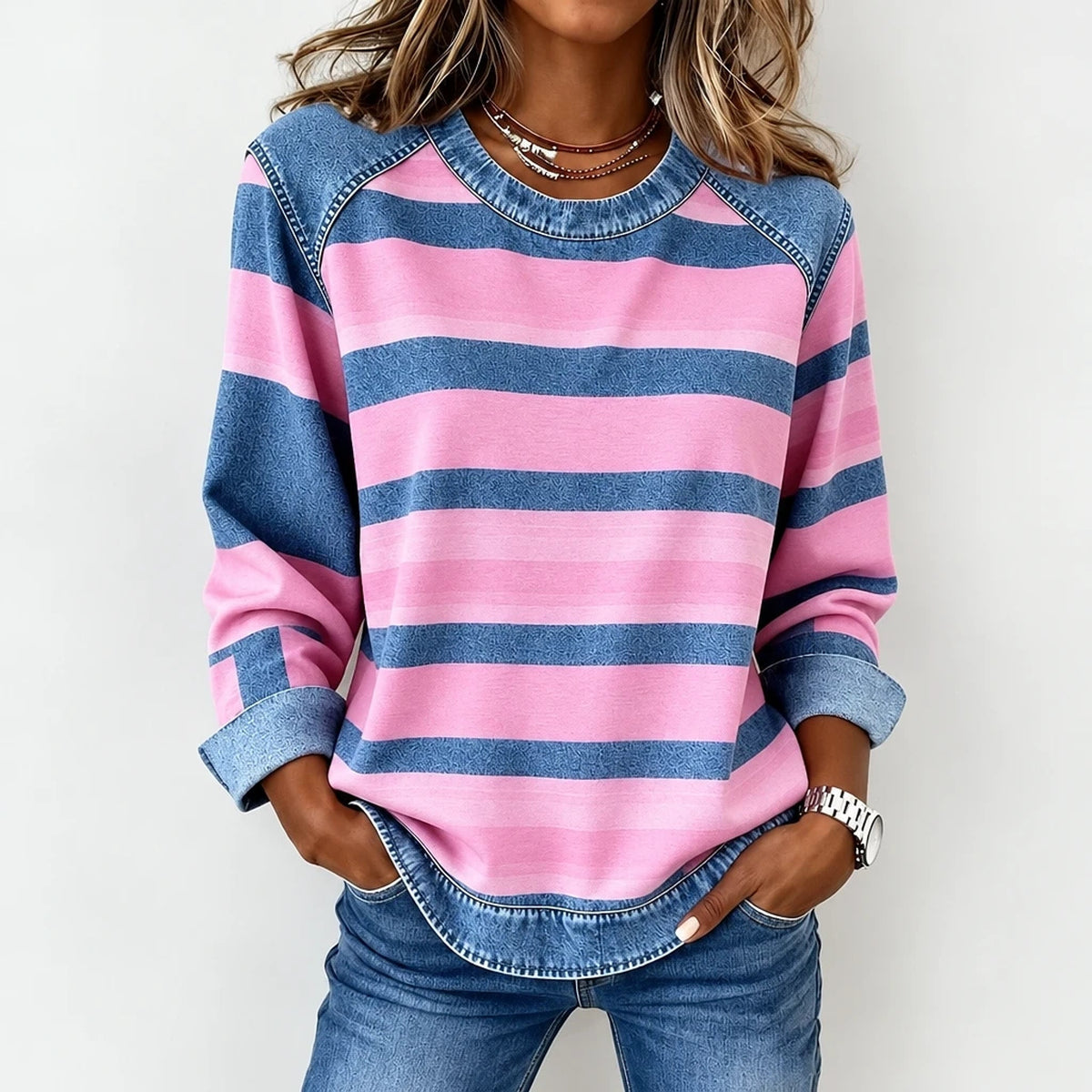 Raylena | Sudadera a Rayas con Mangas Estilo Denim