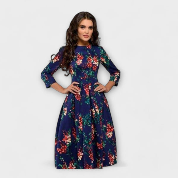 Jeri | Vestido Midi Con Estampado Floral Y Manga Tres Cuartos