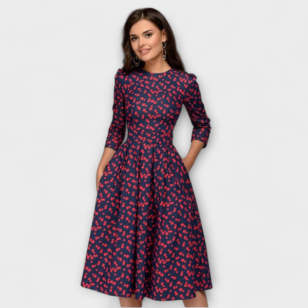 Jeri | Vestido Midi Con Estampado Floral Y Manga Tres Cuartos