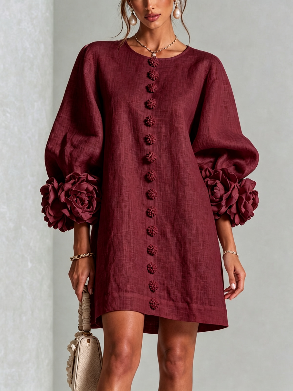 Nursel | Vestido Mini A-Line con Puños Florales