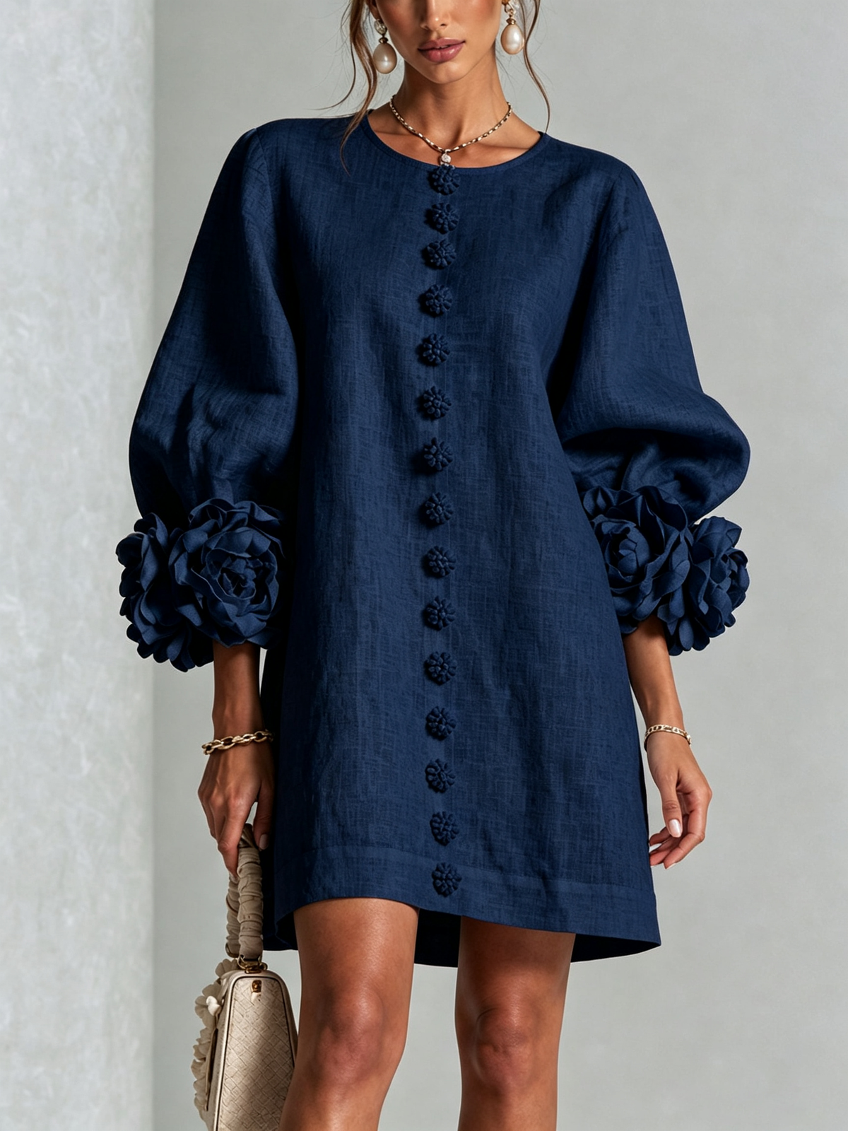 Nursel | Vestido Mini A-Line con Puños Florales