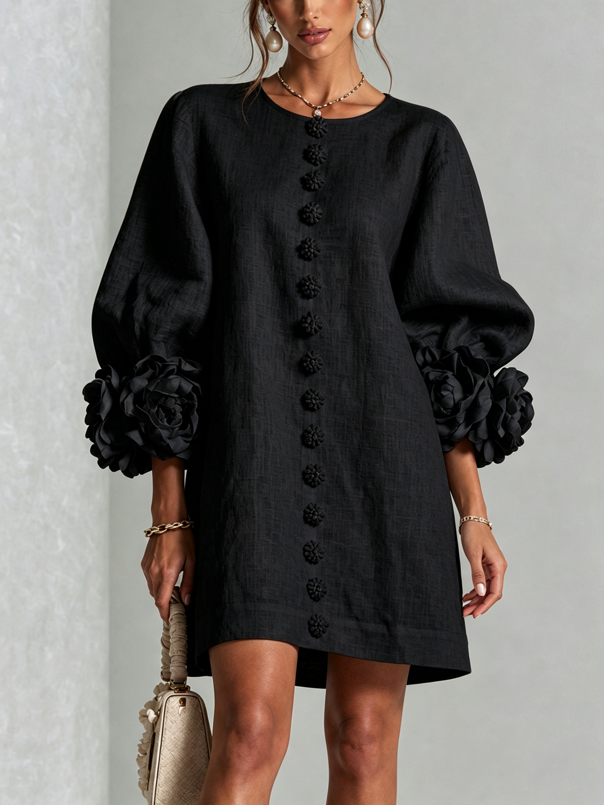 Nursel | Vestido Mini A-Line con Puños Florales