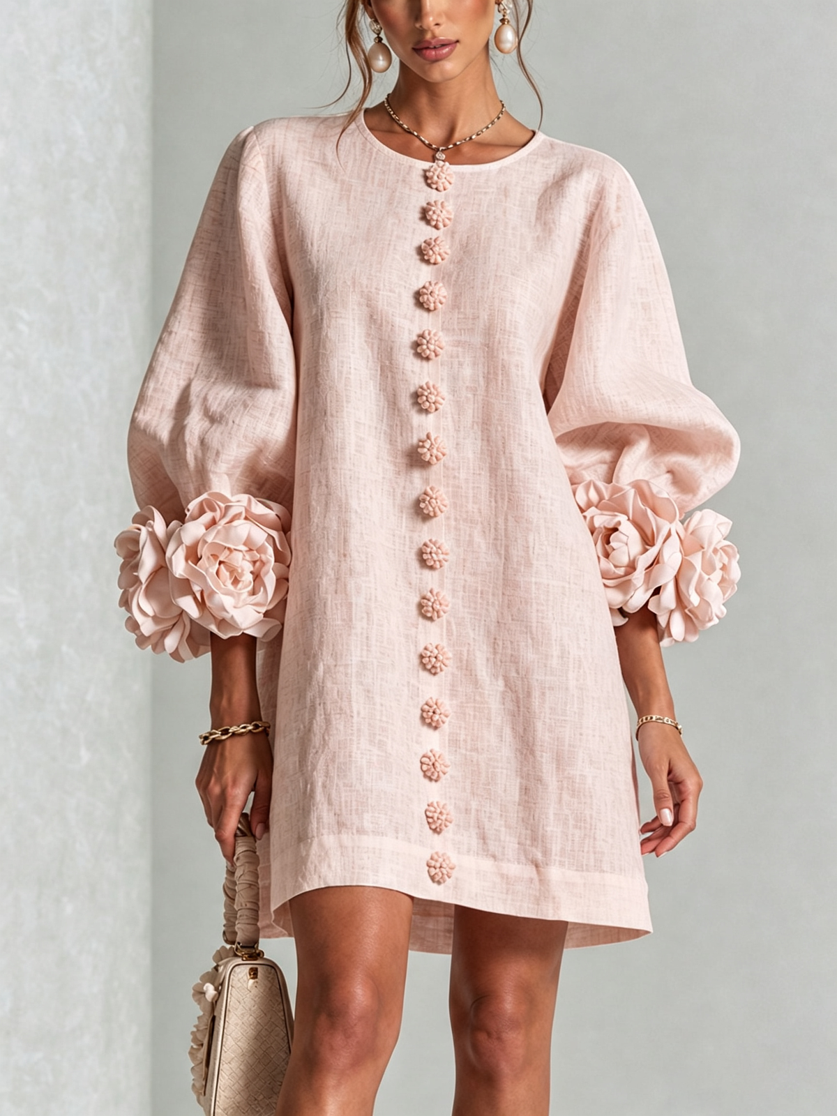 Nursel | Vestido Mini A-Line con Puños Florales