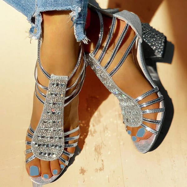 Laverne | Sandalias de Tacón Grueso Con Tiras y Pedrería