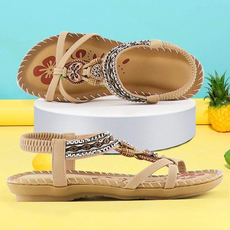 Camila | Sandalias Planas Con Tiras Elásticas Y Abalorios De Estilo Bohemio