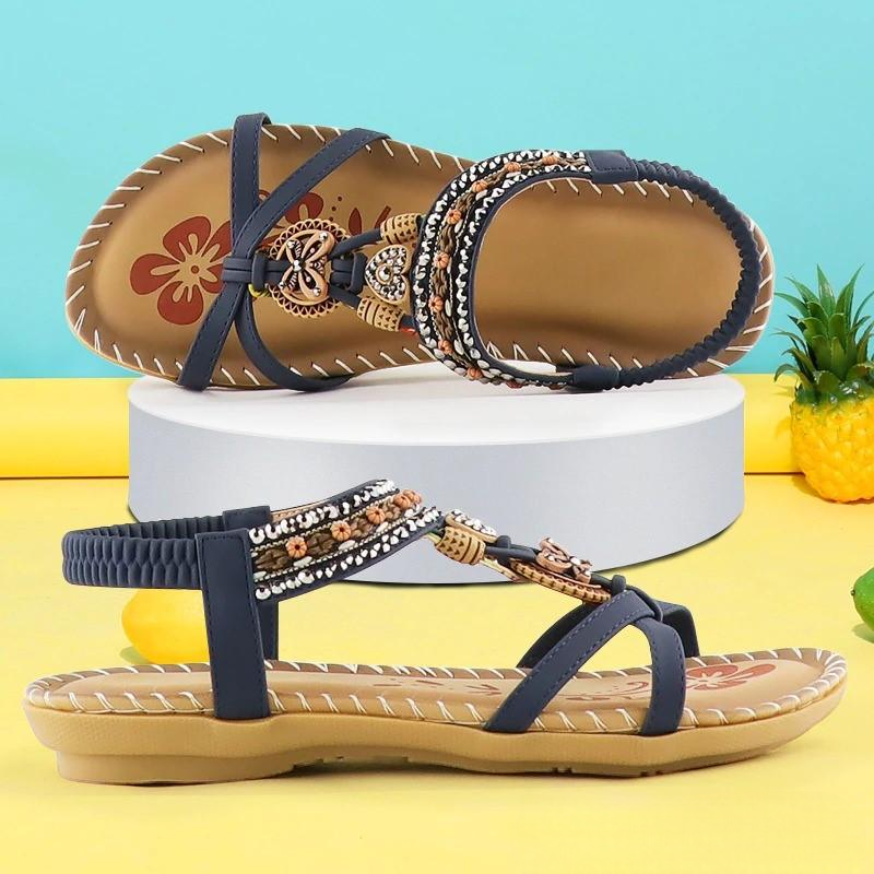 Camila | Sandalias Planas Con Tiras Elásticas Y Abalorios De Estilo Bohemio