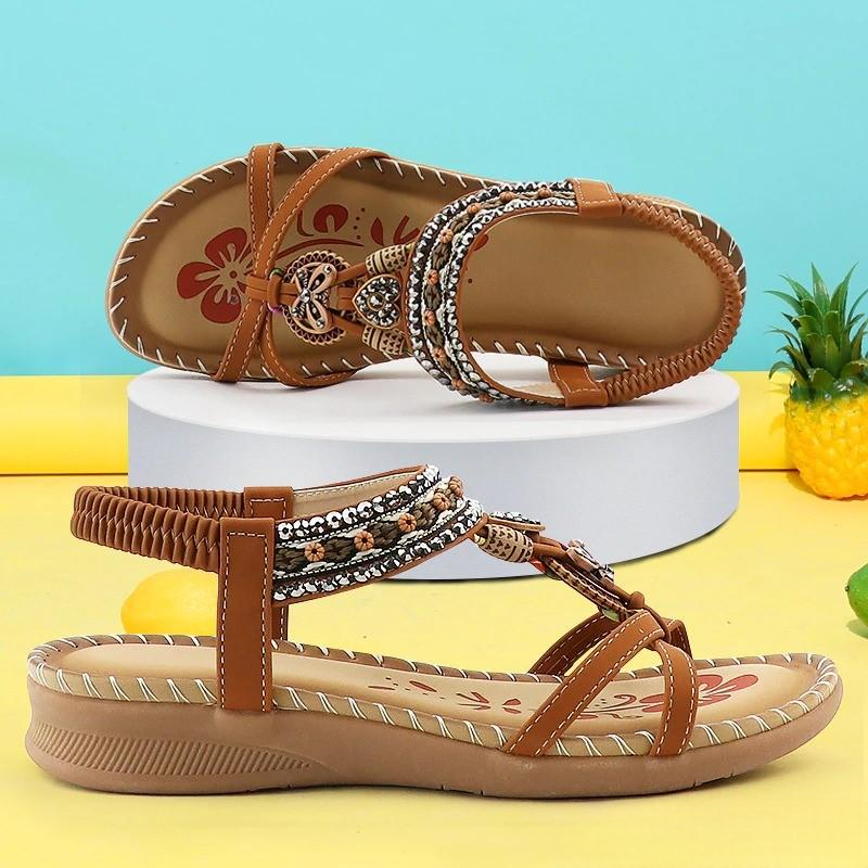 Camila | Sandalias Planas Con Tiras Elásticas Y Abalorios De Estilo Bohemio