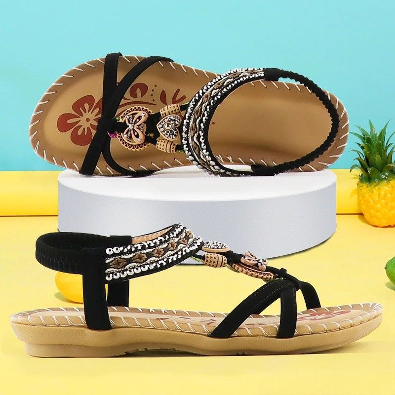 Camila | Sandalias Planas Con Tiras Elásticas Y Abalorios De Estilo Bohemio